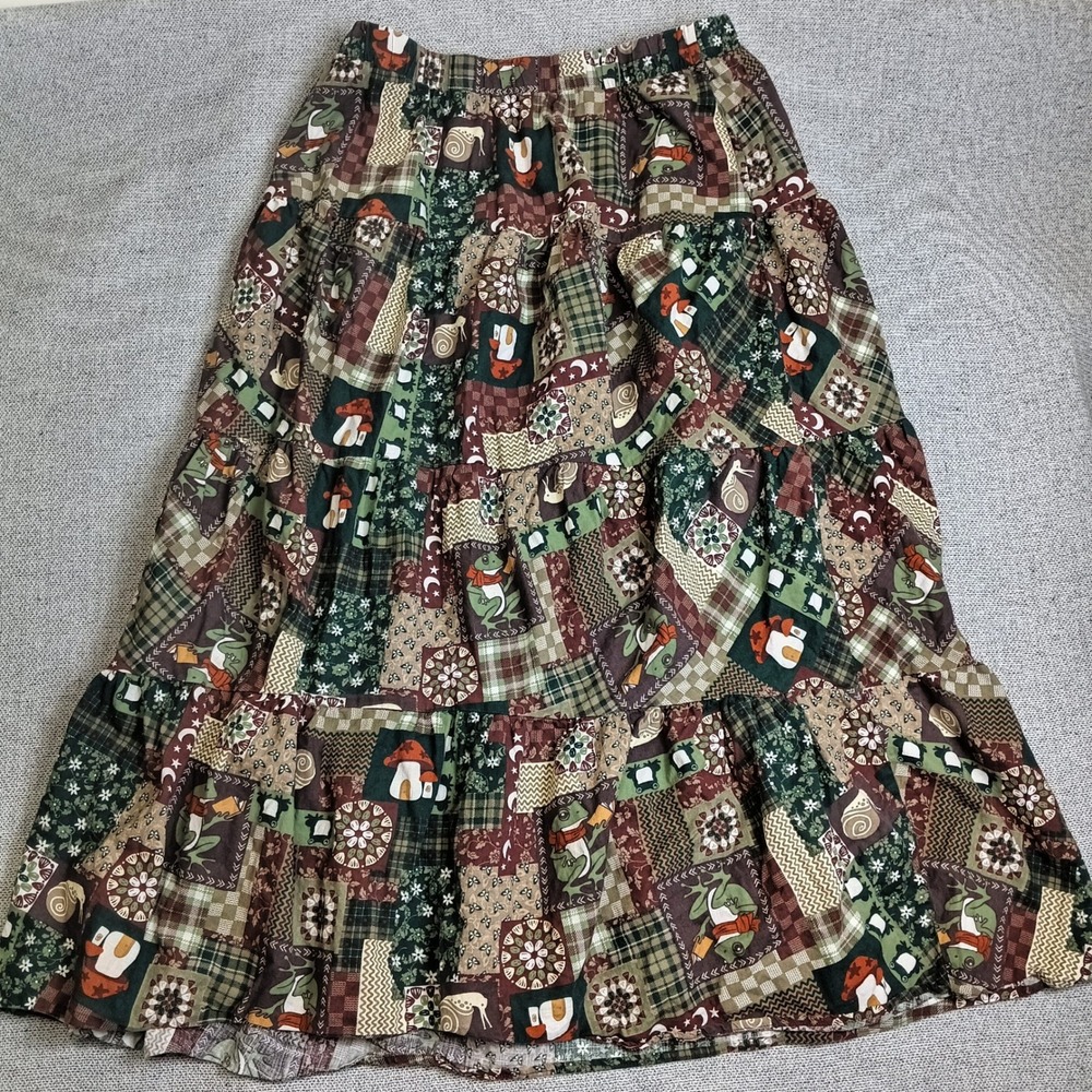 Thorn & Fable Patchwork Maxi Skirt Womens XXL Green Frog Mushroom Tiered